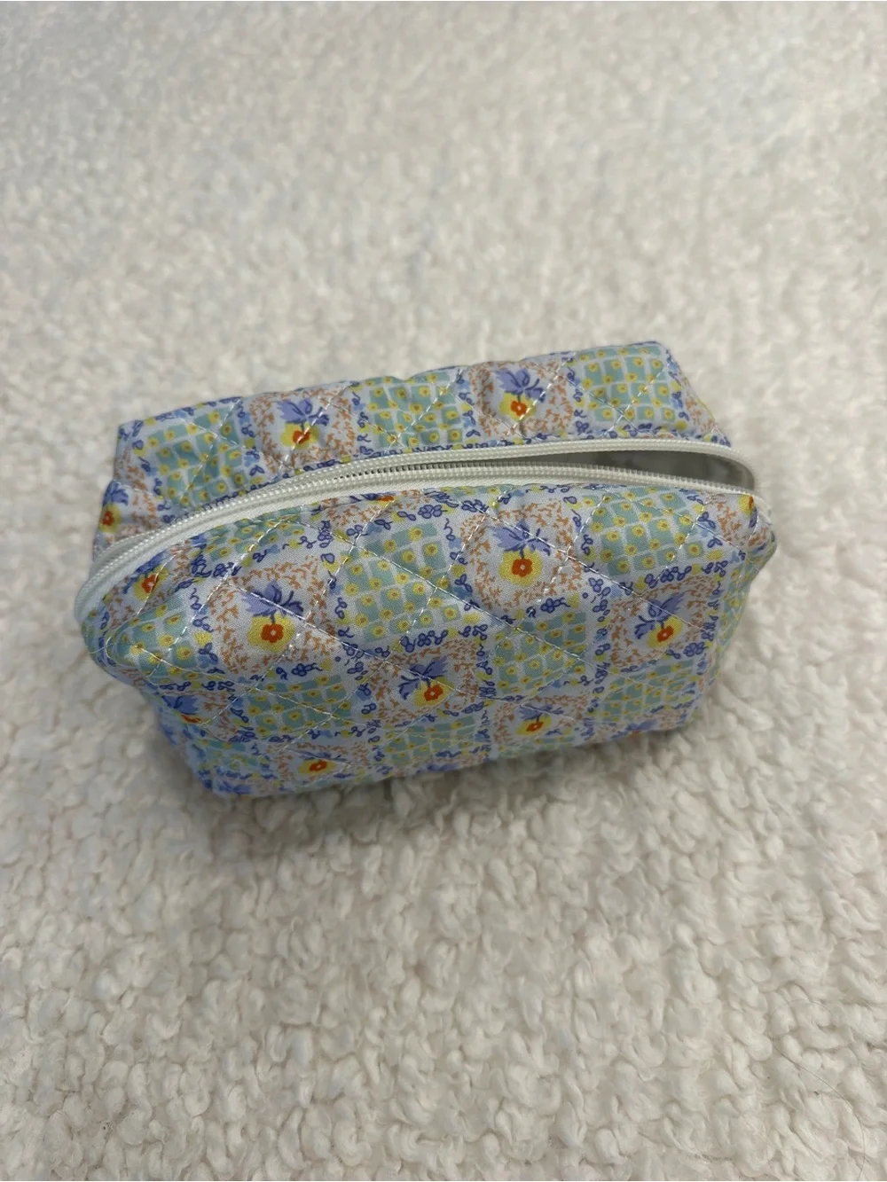 Quilted Floral Cosmetic Pouch in Light Blue and Yellow